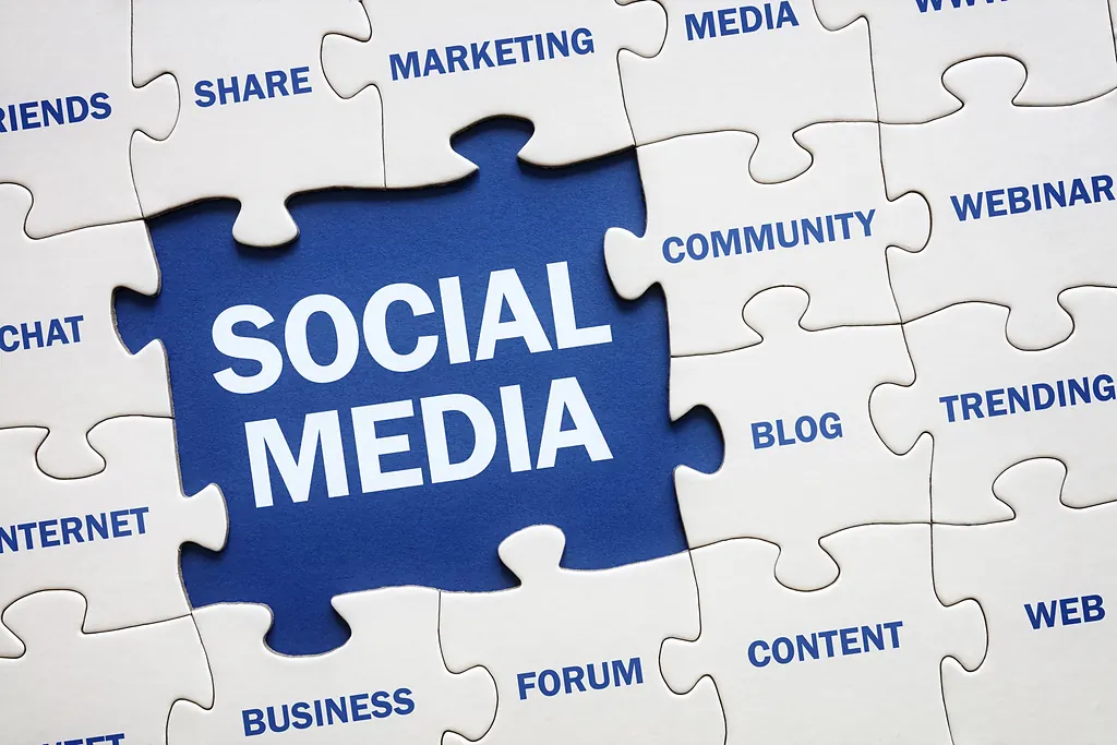 Puzzle mit dem Schriftzug Social Media und Begriffen aus dem Onlinemarketing